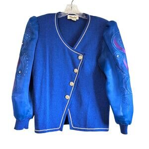 Vintage 80s Toula Royal Blue Knit Blazer Retro Power Suit Statement Avant Garde